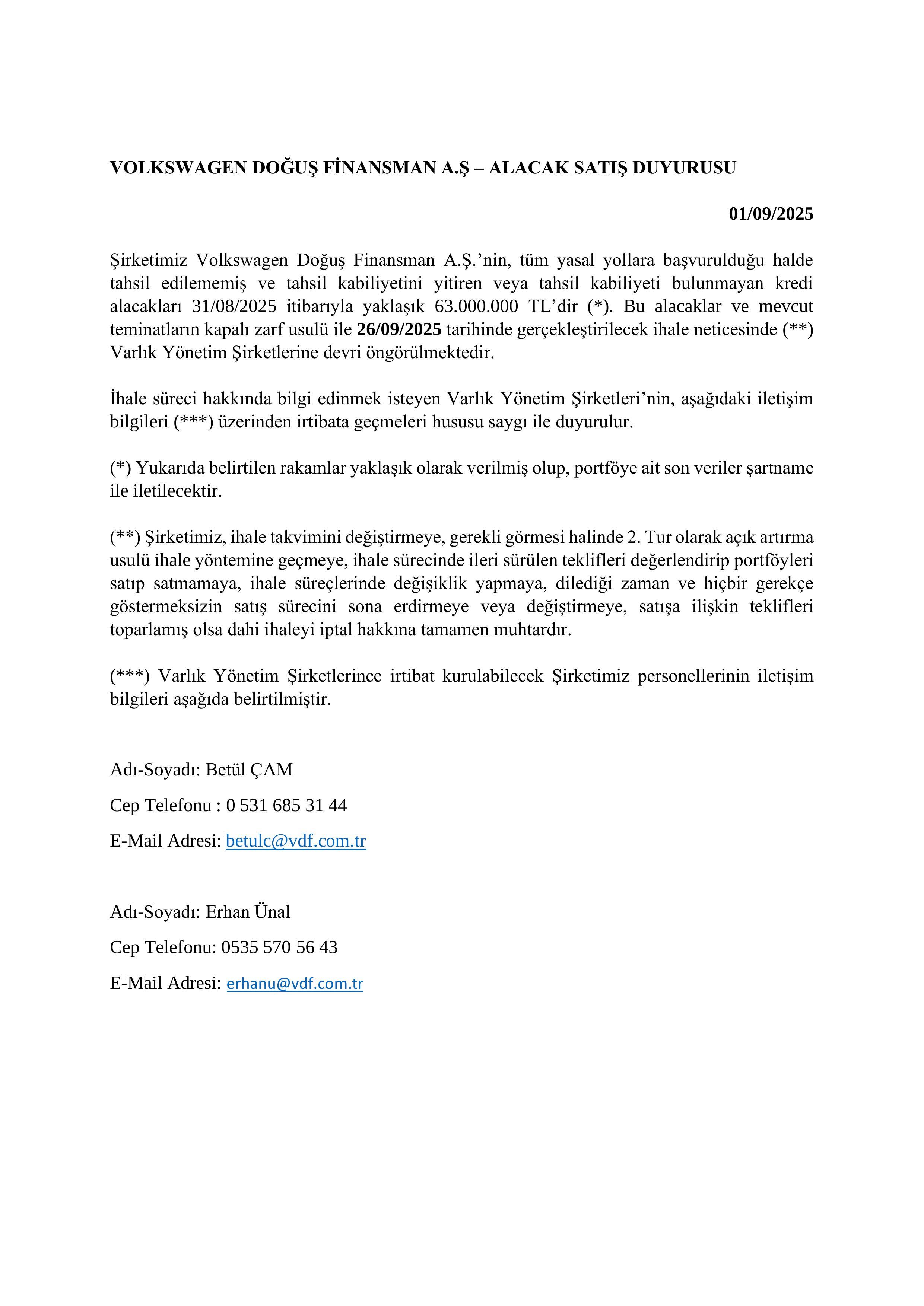 VOLKSWAGEN DOĞUŞ FİNANSMAN A.Ş – Alacak Satış Duyurusu